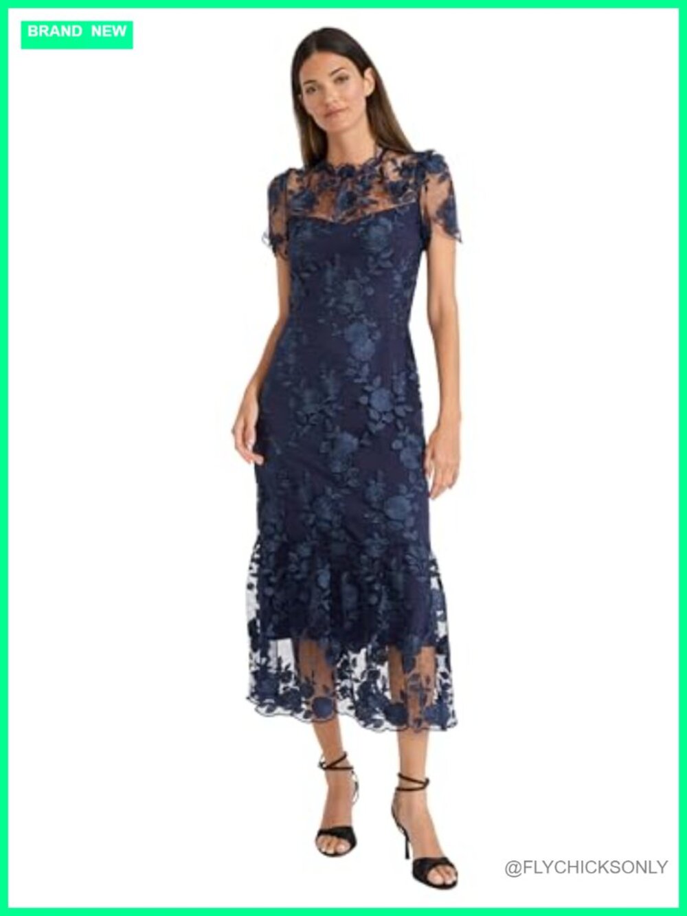 Floral Embroidered Midi Dress High Neck Short Sleeve Cocktail Wedding Guest